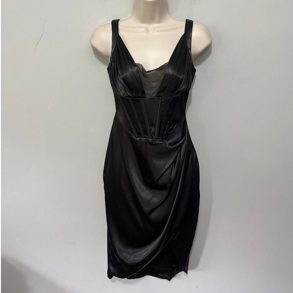 Superdown Dress Small Black Satin Cocktail Ruched Front Slit Coquette Vamp